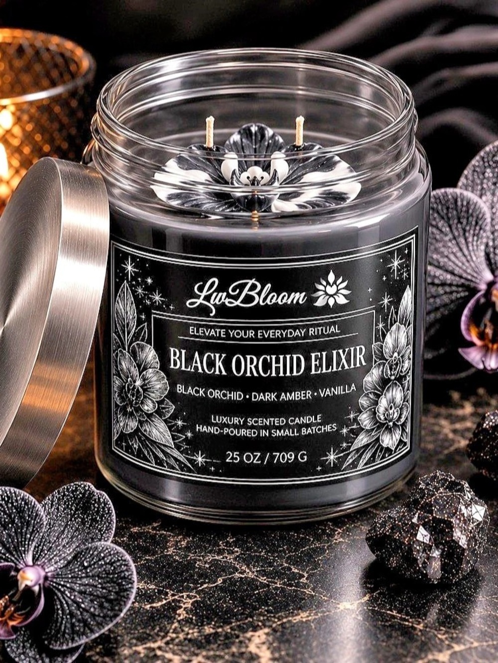 LwBloom Black Orchid Elixir Black Candle 25 oz NWT